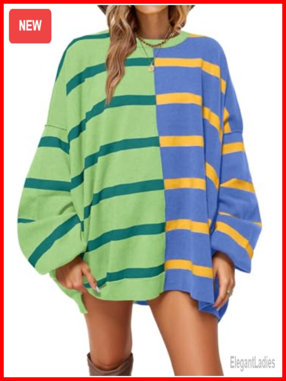 Womens Striped Pullover Sweater Crew Neck Long Sleeve Loose Knit Top